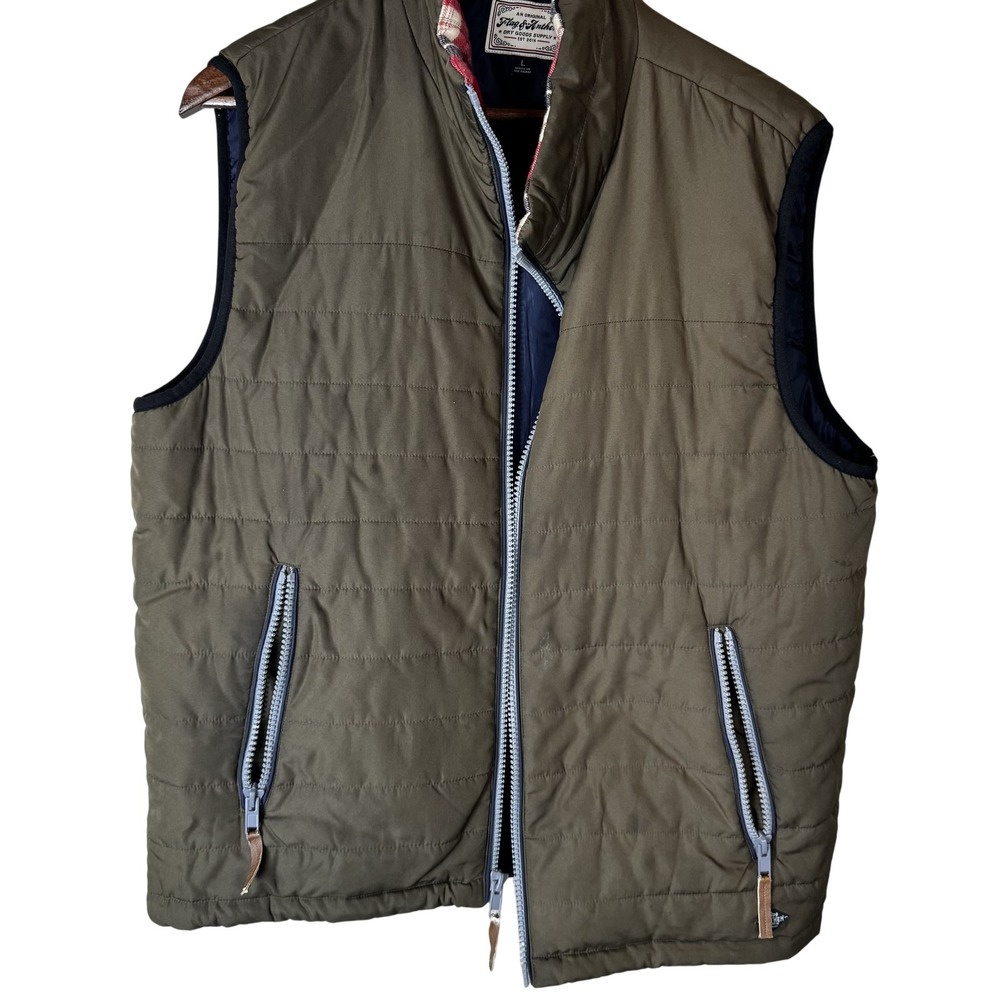Flag & Anthem Vest Mens Large Olive Green Quilted Zip Pockets Outdoor Casual